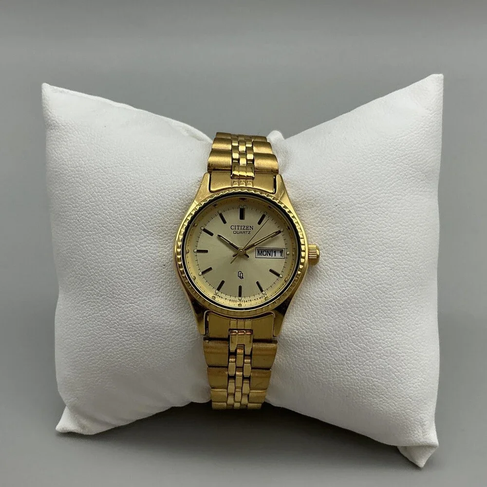 Vintage Citizen Women Watch 24mm Gold Tone Day Date 6000-077598 New Battery 5.5